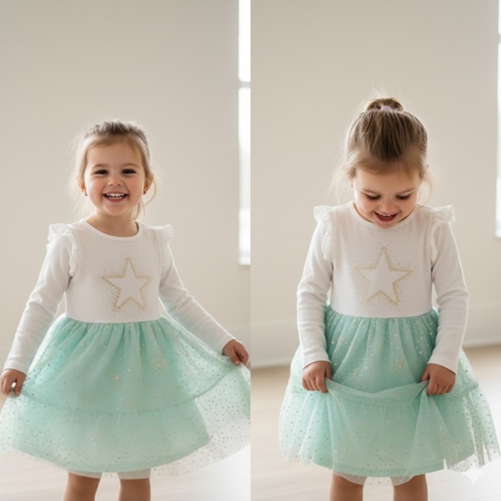 Cat & Jack Cream and Mint Green Star Dress